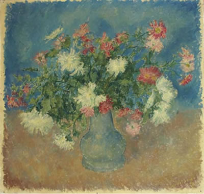 A still life with white and pink flowers in a vase