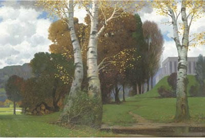 Park with birches and a temple building