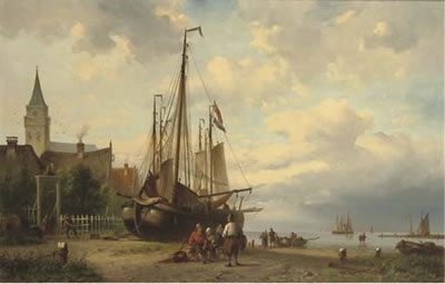Fishermen along a shoreline by a village