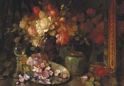 A still life with roses, a ginger jar and a glass