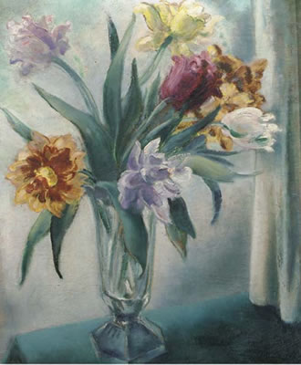 A still life with tulips in a glass vase by Mommie Schwartz - Auction record, sale price, and art valuation. Compare with similar artists and explore comparable artworks.