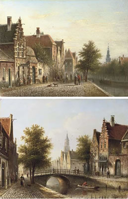 Townsfolk by a canal in summer; and Figures on a bridge in a Dutch town (2)