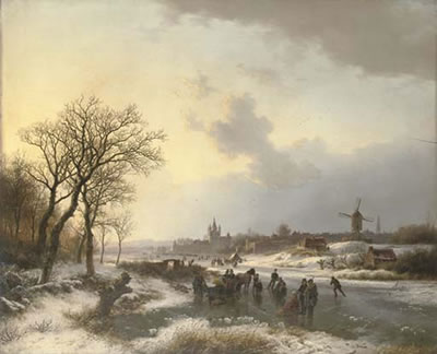 Late afternoon with numerous skaters by a town