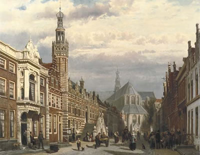 Sample artwork by Cornelis Springer (1817 - 1891), known for townscape paintings, buildings, figure, human activity - View similar artists and auction records
