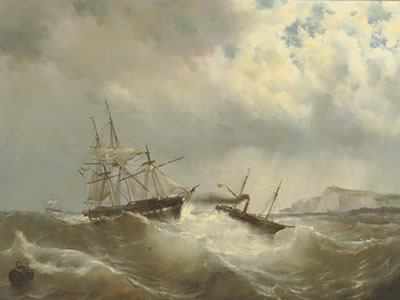 A tug-boat rescuing a Dutch frigate in distress by Mauritz Frederik Hendrick De Haas - Auction record, sale price, and art valuation. Compare with similar artists and explore comparable artworks.