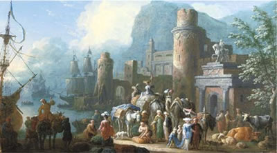 A capriccio view of a Levant harbour with travellers, camels and other animals on a quay by Jan Baptist Van Der Meiren - Auction record, sale price, and art valuation. Compare with similar artists and explore comparable artworks.