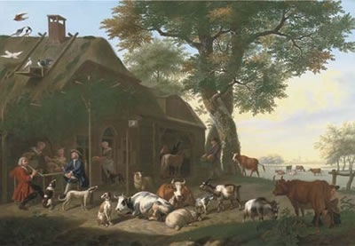 An elegant company by a tavern, with cows, sheep, goats and other animals