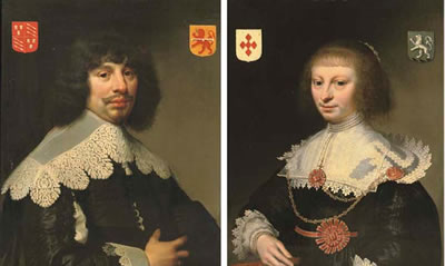 Portrait of a gentleman, half-length, in a black costume and lace collar; and Portrait of a lady, half-length, in a black dress and lace collar, holding a fan in her right hand (2)