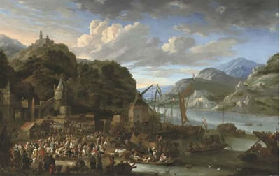 A mountainous river landscape with a harbour town, a market scene in the foreground, a castle on top of a hill beyond by Jan Peeters - Auction record, sale price, and art valuation. Compare with similar artists and explore comparable artworks.