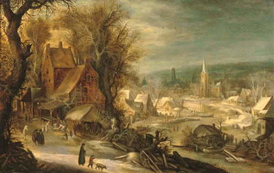A winter river landscape with figures on the outskirts of a village, a town beyond