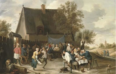 Villagers celebrating a wedding feast outside a country tavern