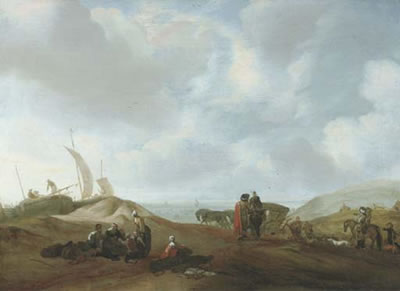 A dune landscape with fisherfolk resting, travellers with a horse and a carriage and elegant figures beyond