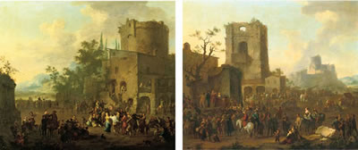 An Italianate town with figures gathered around a 'commedia dell'arte' play, a castle on a hill beyond; and An Italianate town with figures dancing the 'Saltarello' and making music (2) by Franz De Paula-Ferg - Auction record, sale price, and art valuation. Compare with similar artists and explore comparable artworks.
