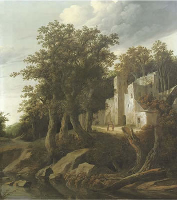 A wooded river landscape with figures conversing outside a ruinous building