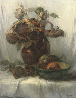 Sunflowers and pumpkins on a table