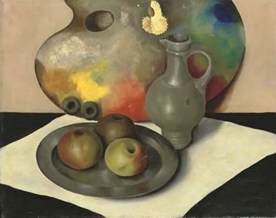 A still life with a palette, apples on a pewter plate and a pewter jug