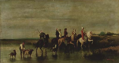 Arab horsemen crossing a river