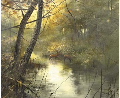 Hinds drinking by dawn