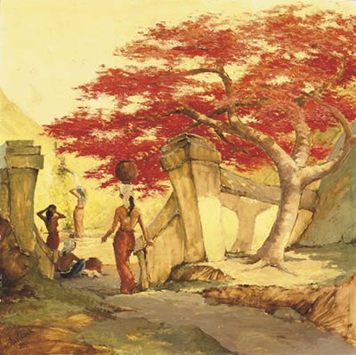 Women bathing under the flamboyant tree
