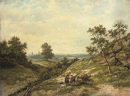 Woodgatherers in a hilly landscape