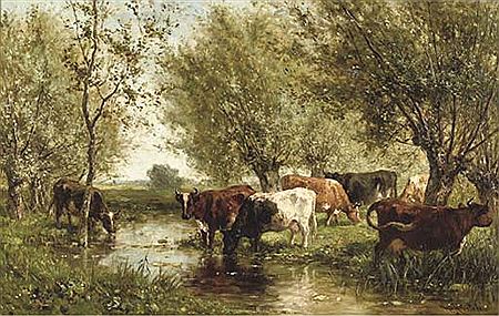 Cattle by a wooded pond