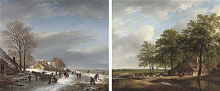 Townspeople skating on a frozen stream; and A farmhouse amongst trees in summer