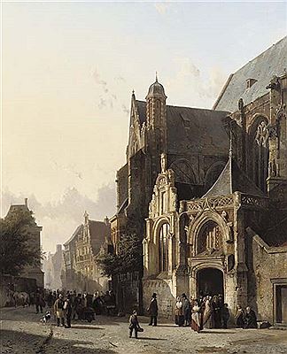 Numerous figures leaving church in a sunlit street