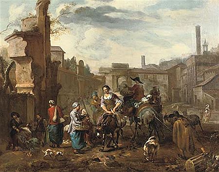 Marketeers on mules and other figures among ancient ruins in a town square