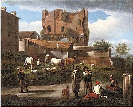Figures conversing along a path with cattle grazing, the triumphal Arch of Janus Quadrifrons, Rome, in the background by Norbert van Bloemen - Auction record, sale price, and art valuation. Compare with similar artists and explore comparable artworks.