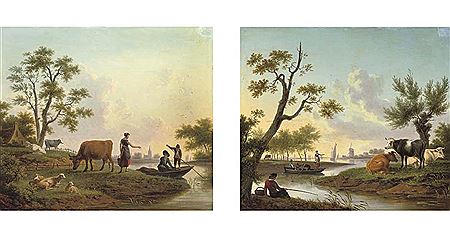 A pastoral river landscape with a milkmaid conversing with two men in a boat; and A pastoral river landscape with an angler and peasants in a boat