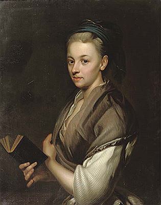 Portrait of Susanna Klaus, the wife of the artist, half-length, in a white dess and brown shawl, holding a book in her right hand