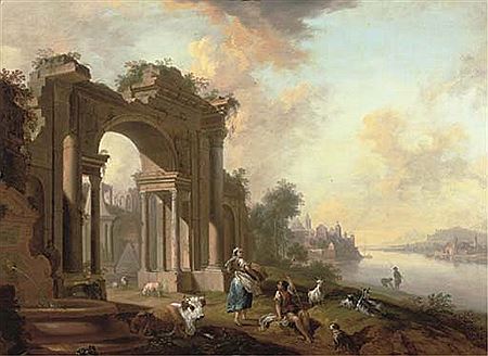 An architectural 'capriccio' with a shepherd and a washerwoman by a river, a town beyond