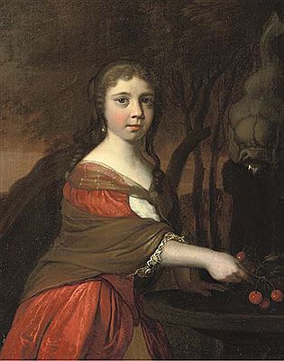Portrait of a girl, three-quarter-length, in a red dress and brown wrap, cleaning cherries in a fountain
