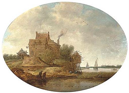 A river landscape with peasants fishing near an inn