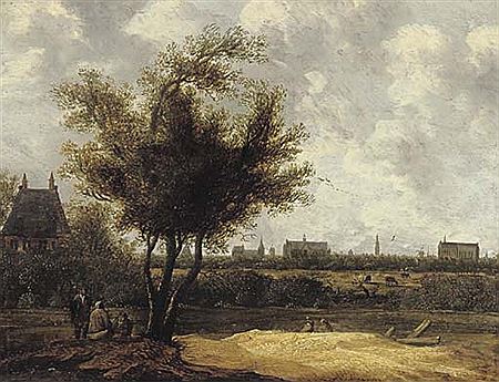 A wooded landscape with figures in the foreground and the city of Leiden in the distance