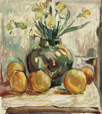 A still life with flowers and fruits
