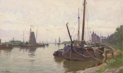 Boats in the Harbour of Muiden, With the Muiderslot in the Distance
