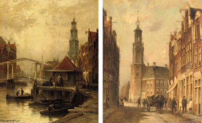 Oud Amsterdam, de Munt Toren en Hotel; and Oud Amsterdam Bikkerseiland: Views of Old Amsterdam (pair)