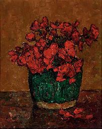 A Still Life with Red Flowers in a Green Vase