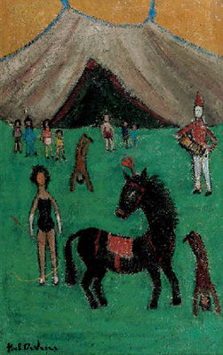 Black horse in the circus ring