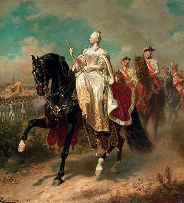 Empress Maria Theresia on horseback inspecting Austrian troops