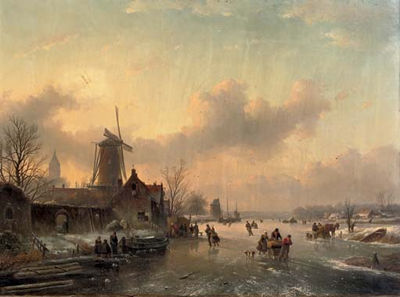 Winterfun: numerous skaters on a frozen waterway