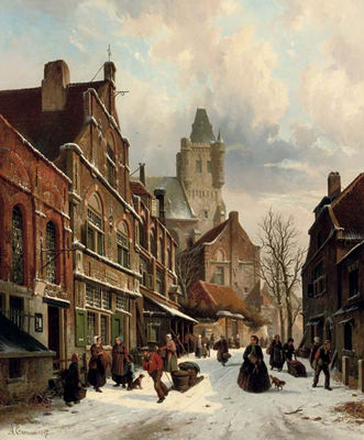 Numerous figures in a Dutch street in winter