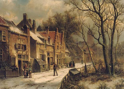 Villagers in a snow-covered Dutch town