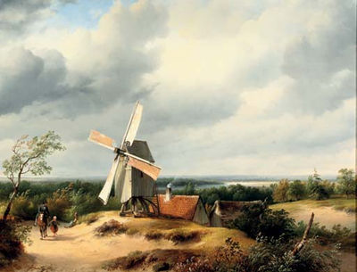 Travellers passing a mill in an extensive river landscape