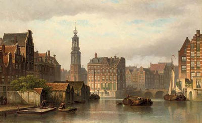 The Amstel in summer with the Munttoren and the Rokin beyond