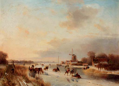 Numerous skaters on a frozen waterway
