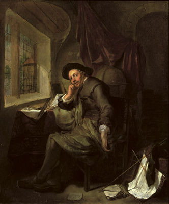 A Scholar Seated at His Writing Desk in an Interior, Books and Documents in the Foreground