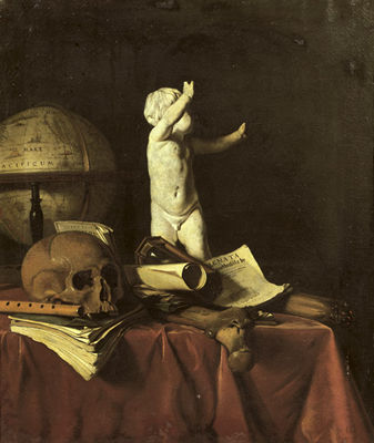 A 'Vanitas' with a Sculpture of a Putto, a Globe, a Skull, a Bone, an Hourglass, a Flute and Books on a Draped Table