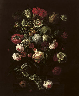 Tulips, Roses, Lillies and Other Flowers in a Vase on a Stone Ledge